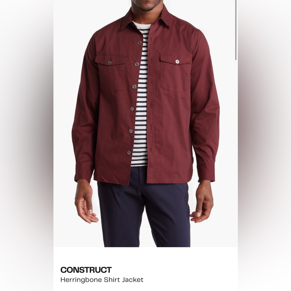 Construct herringbone Heavy Duty Button up shirt jacket. Burgundy